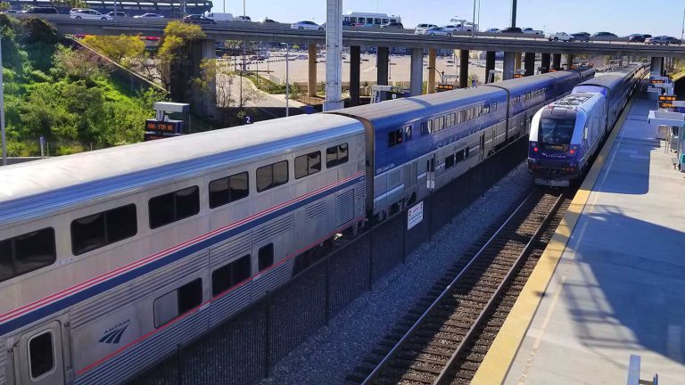 Pacific Surfliner trains in Anaheim