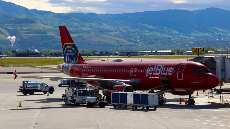 JetBlue plane sitting at the gate in Salt Lake City.