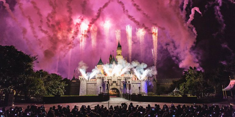 Fireworks in fron of the castle at Hong Kong Disneyland