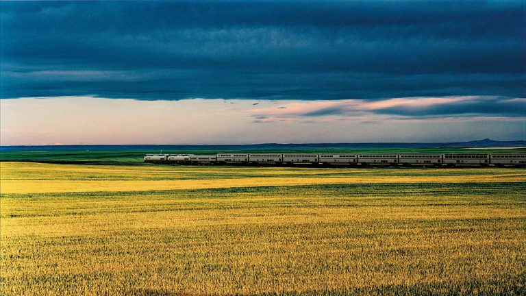 Amtrak train moving through Montana.