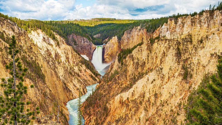 A rushing waterfall in the middle of tower cliffs and lush green hills in Yellowstone National Park.