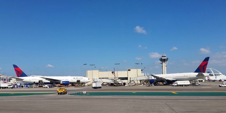 Delta aircraft standing at their gates in Los Angeles.