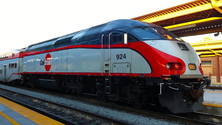 Caltrain commuter train waiting at the San Jose station.