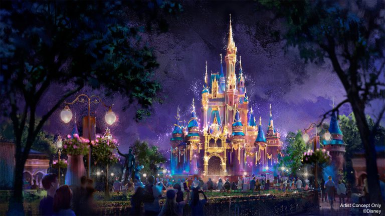 Artist rendering of a Disney castle shimmering at night in golden colors.