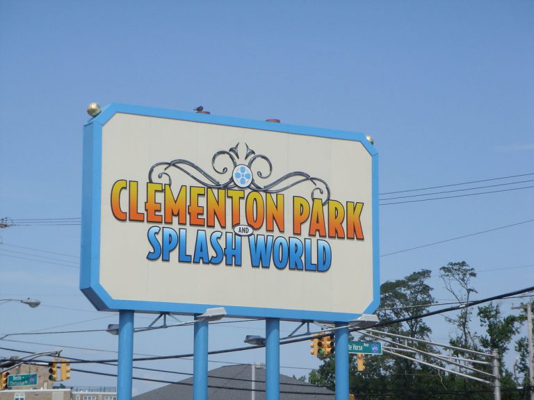 Clementon Park theme park sign in white and blue outline.