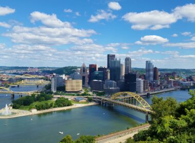 Multiple skyscrapper buildings in Pittsburgh as viewed from up on Mt. Washington.