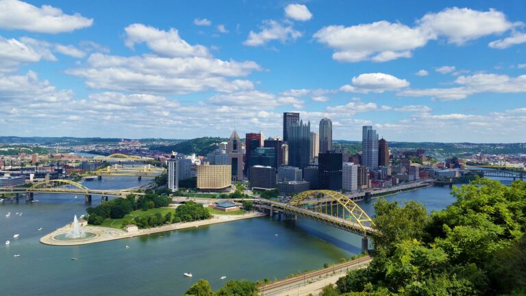 Multiple skyscrapper buildings in Pittsburgh as viewed from up on Mt. Washington.