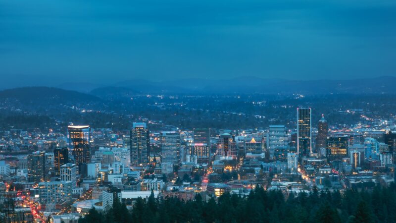 Portland skyline during the blue hour.